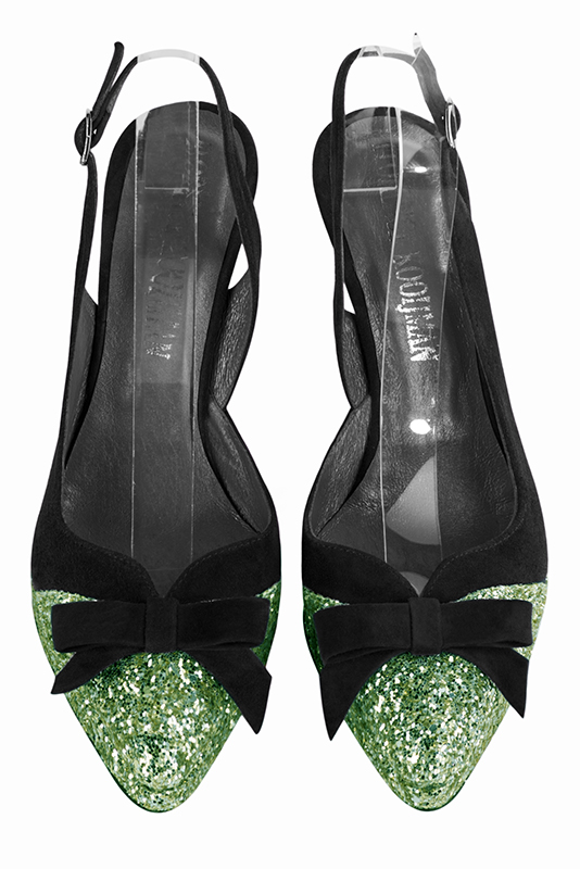 Mint green and matt black women's elegant sneakers. Tapered toe. Very high slim heel with a platform at the front. Top view - Florence KOOIJMAN